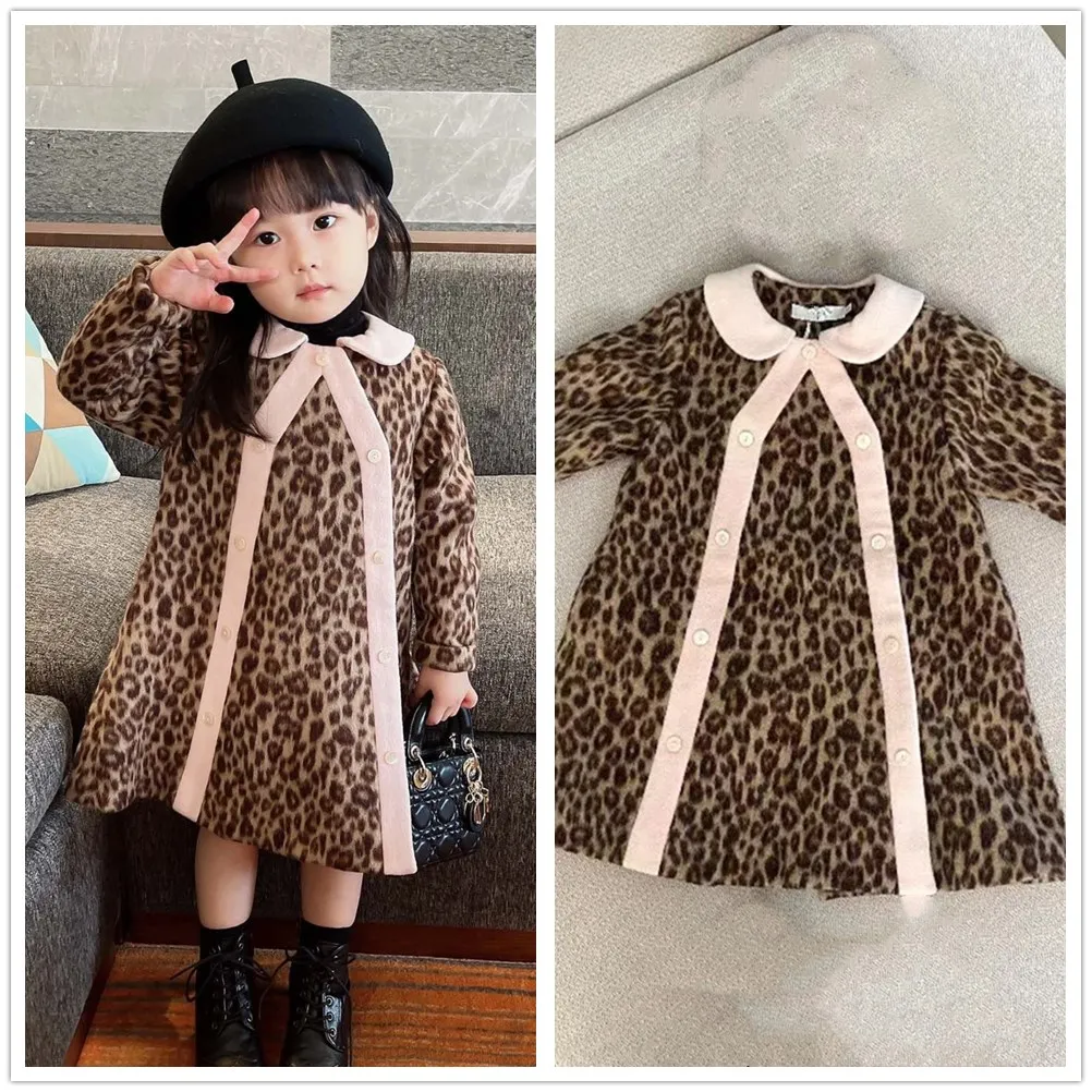 Girls' fashionable brown leopard pattern woolen coat baby girls clothes warm coat