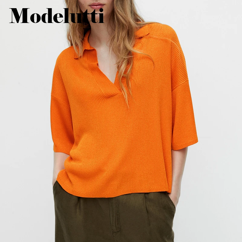 

Modelutti 2022 New Spring Summer Fashion Short Sleeve V-Neck Polo Shirt Women Loose Pullover Solid Simple Casual Tops Female