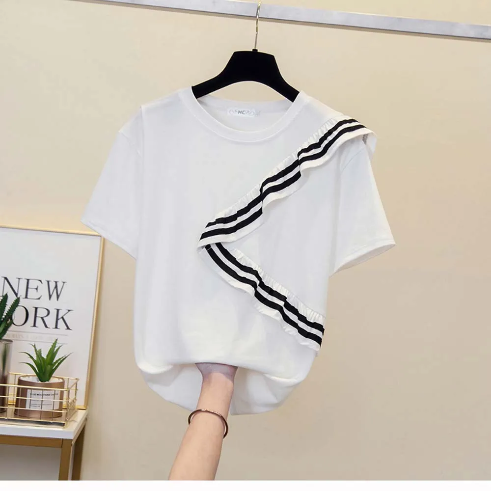 

T-shirt Ruffle Patchwork BF Style Loose And Casual Flesh-covering Short-sleeved Shirt Pullover Young Ladies Top 2022 New Summer
