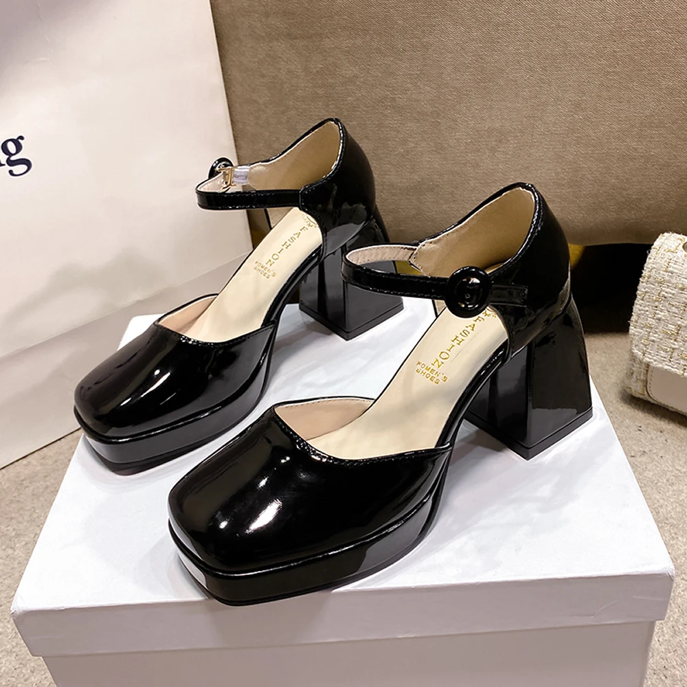 women patent leather square head waterproof table Mary Jane high heels 2023 new all-match one line belt hollow thick heel shoes