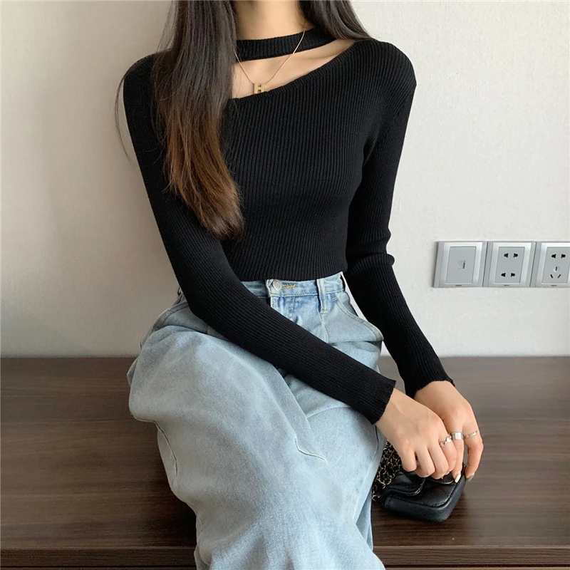 

Black Chic Hollow Out O-neck Knitted T-shirts Women Autumn Winter Long Sleeve Slim T Shirt High Street Fashion Female Casual Top