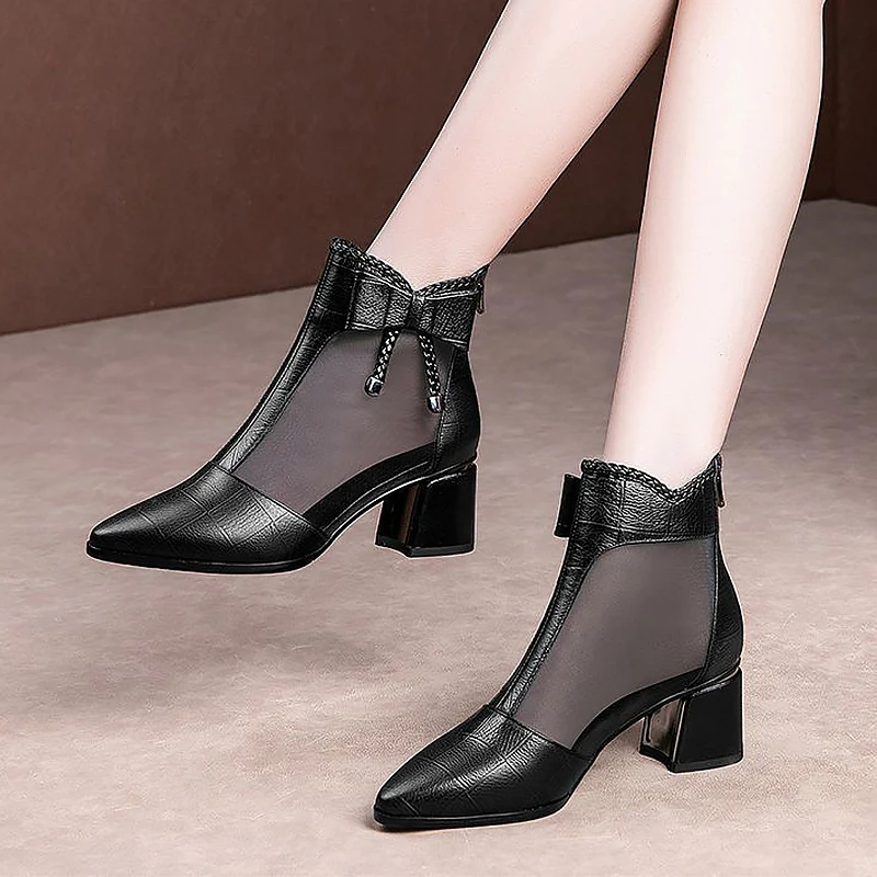 Boots for women Butterfly-knot Mesh Breathable Ladies Ankle Boots Summers Thick heel shoes Zipper Comfortable Female Footwear