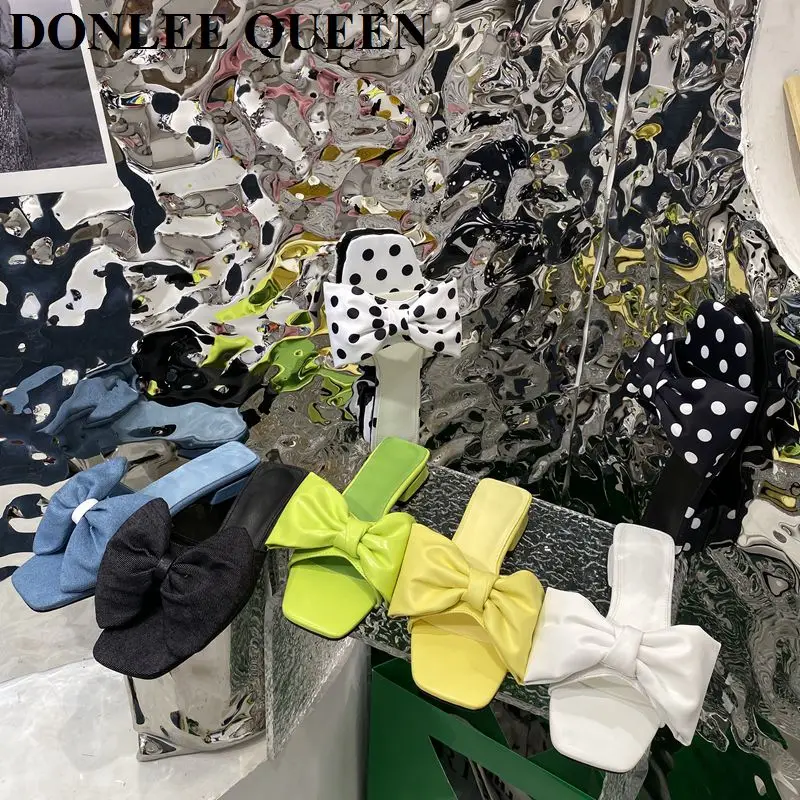 

Retro Polka Dot Bow Knot Slippers Women Flat Heels Slides Peep Toe Sandal Outdoor Flip Flops 2022 Summer Shoes New Fashion Denim