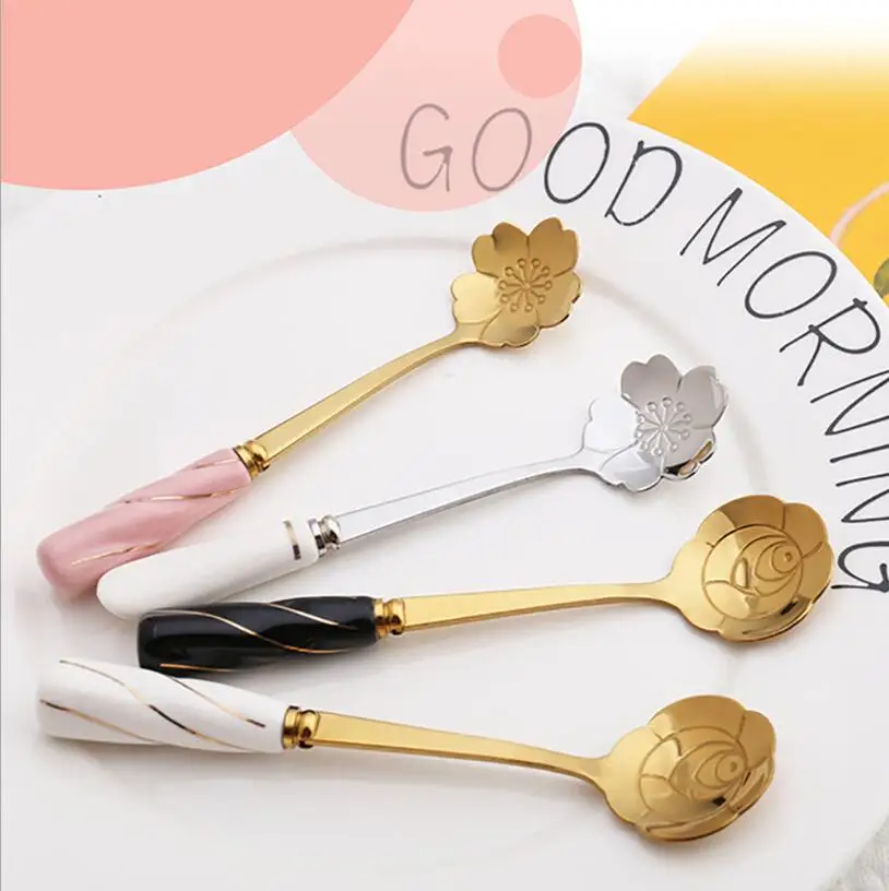 Ceramic Handle Flower Stirring Spoon Coffee Scoop Dessert Cake Ice Cream Spoons Gold Silver | Дом и сад