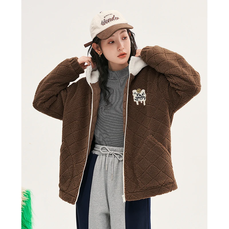 Toyouth Women Thick Plush Coat 2022 Winter Long Sleeve Loose Jacket with White Hat Windproof Warm Large Pocket Outwear Tops