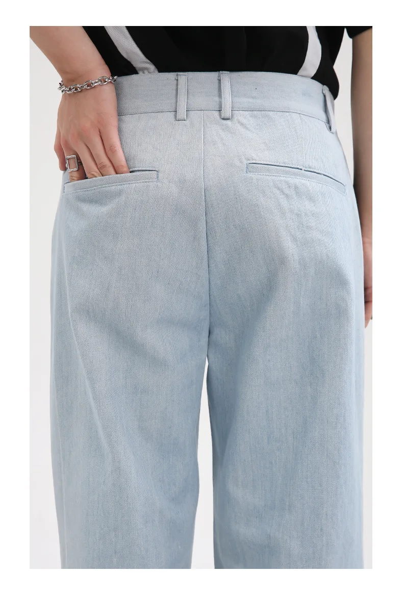 Four Seasons Men's Jeans Fashion Korean Style Leather Splicing Contrast Color Straight Casual Jeans Men's Y2k Pants Streetwear