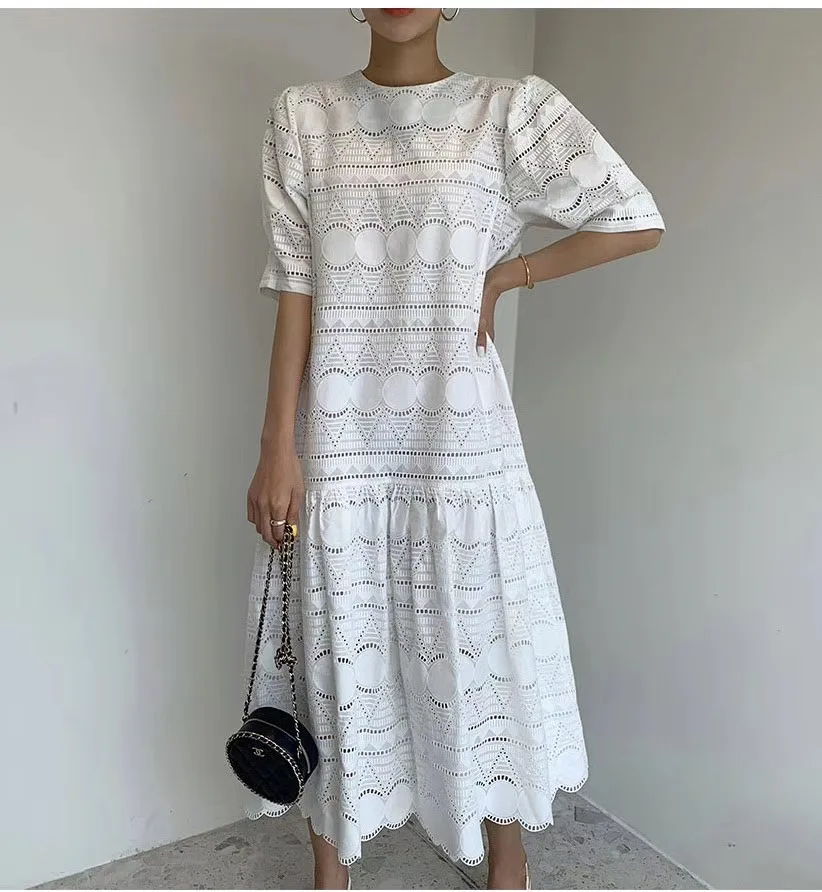 

SuperAen 2022 Summer Court Style Crochet O-Neck Hollow Out A-LINE Casual Mid-Calf Dresses for Women