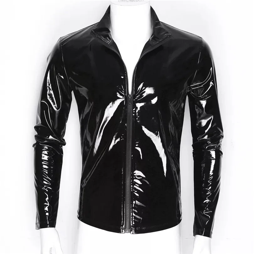 Big 7XL Mens Shirt Wetlook Leather Long Sleeve Zipper T-Shirt Sexy Dance Party Clubwear Male Shiny Metallic Leather Jacket Tops images - 6