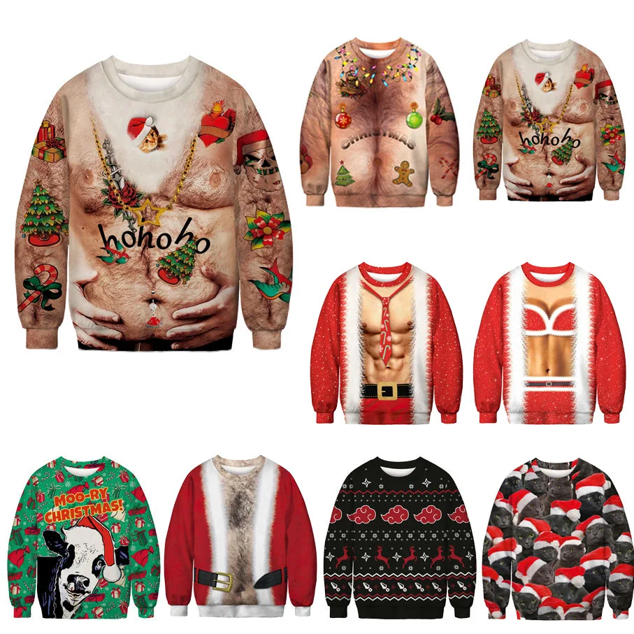 

Men Women Ugly Christmas Sweater Funny Trendy Novelty Xmas Jumpers 3D Belly Ho Ho Ho Christmas Cat Sweatshirts Holidaty Pullover