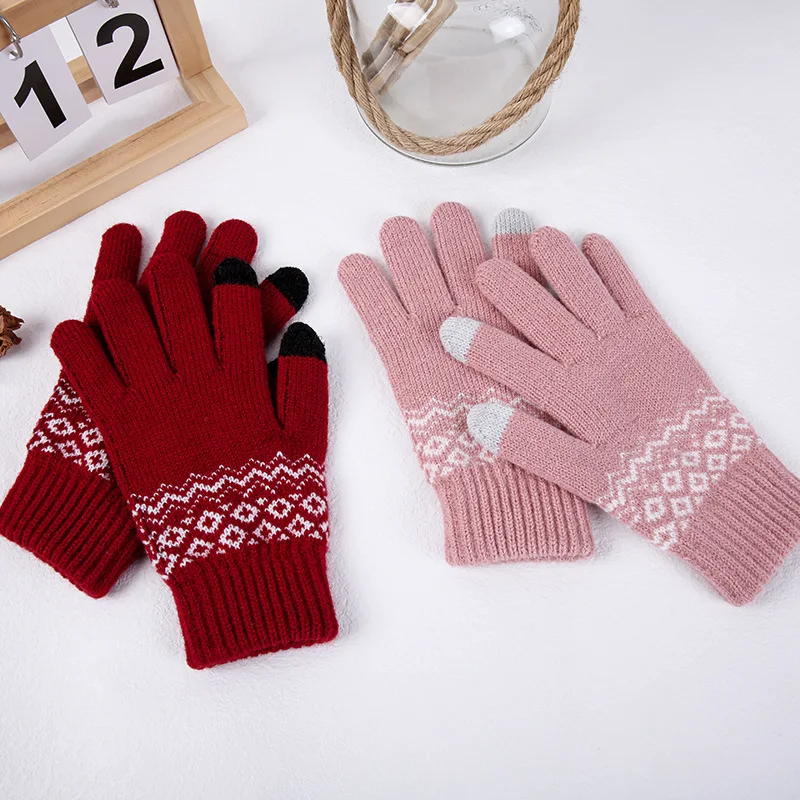 

Women's Winter Touch Screen Gloves Rhombus Thicken Warm Knitted Stretch Gloves Imitation Wool Full Finger Outdoor Skiing Gloves