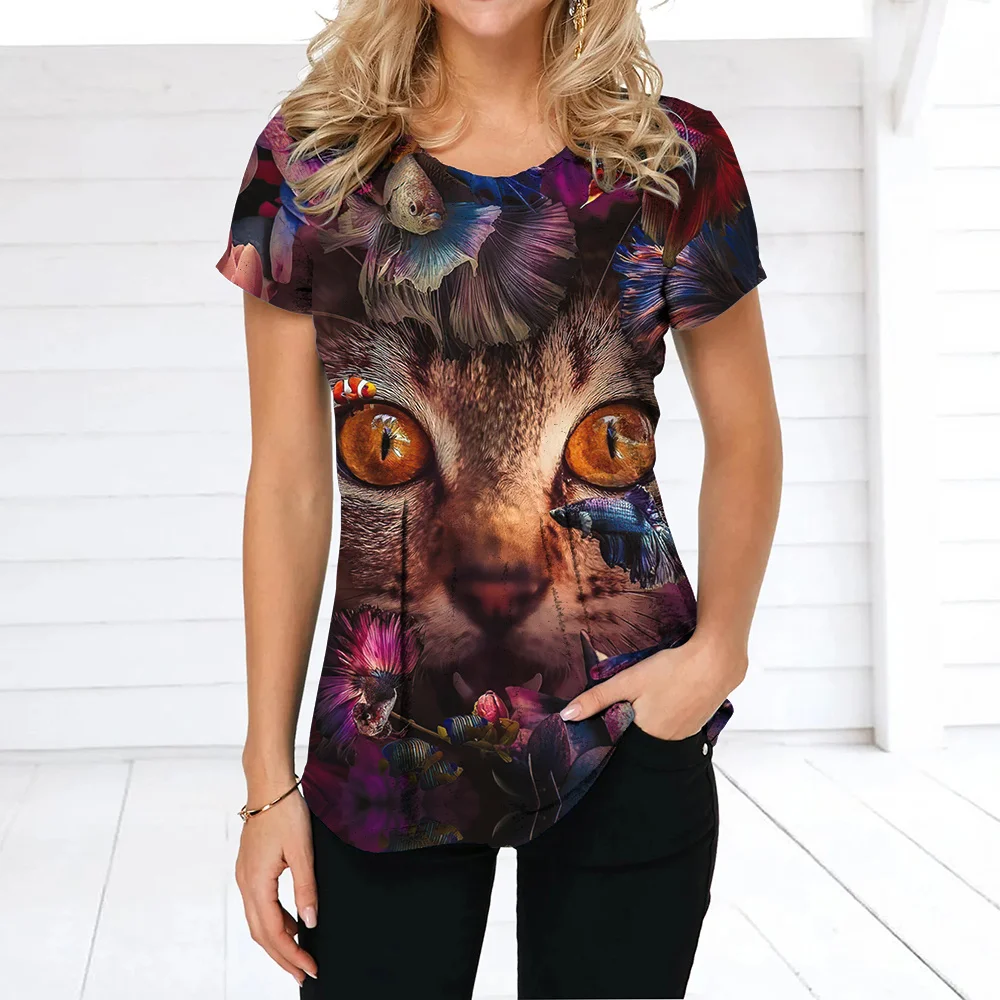 

Summer T-Shirt Ladies Cat Print Tee Top Fashion Animal Harajuku T-Shirt Holiday Casual O Neck Female Floral Anime Loose Pullover