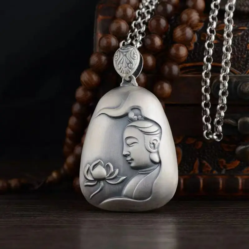 

Ретро Лотос Капля воды Серебряная Личность Подвеска подходящая ко всему женская статуя Будды сутры в форме духового сердца