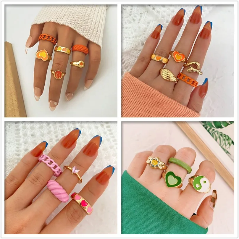 Женский комплект колец в форме сердца IFME Винтажное кольцо розового и зеленого