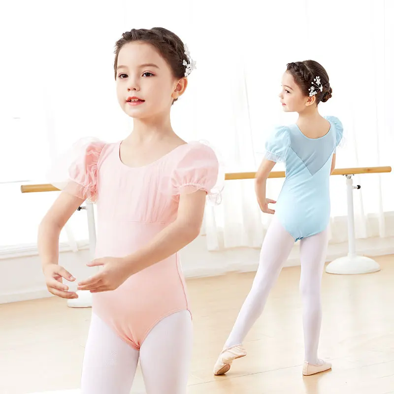 Ballet Leotards Girls Cotton Splice Puff Short Sleeves Dance Leotards Gymnastics Leotard Ballet Dancing Bodysuit For Girls