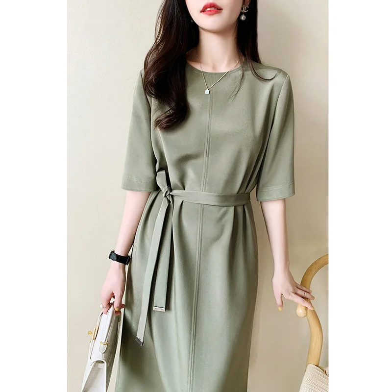 Heavyweight Acetic Acid Silk Dress Ready Stock Women's New French Style Fashion Simple Lace Up Dress Half Sleeve Dress