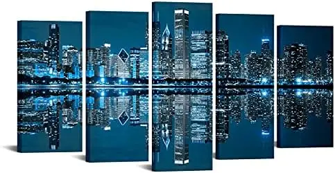 

- Chicago Downtown at Night Picture Canvas Print - Modern City - 5 Panels Framed Artwork for Office Living Room Decoration Se