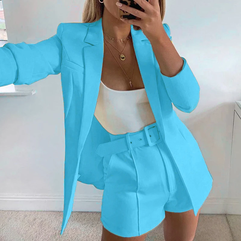 

NEW Two Piece Blazer Suit Women Office Sets Autumn Long Sleeve Cardigan Blazer Shorts Solid 2 Piece Set Lady Casual Blazers Set