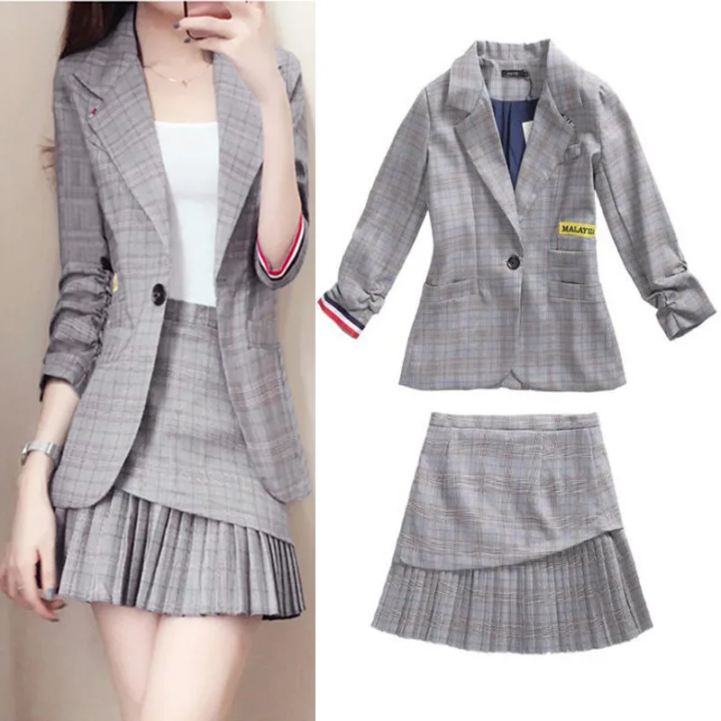 

Office Lady Women Plaid Small Suit Set Single Button Blazer Jacket High Waist Pleated Skirt 2 Piece Set