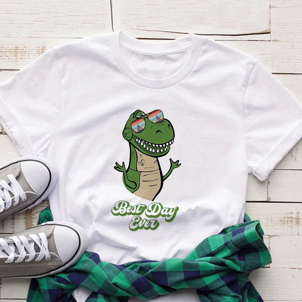 

Disney Toy Story White Women T Shirt Rex Sunglasses Female Short Sleeve Casual Style Lady Tops Tees S-3XL Size Summer New Trend