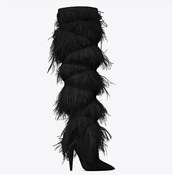 Spike Heeled Blue Black White Ostrich Fur Over The Knee Boots Women High Heel Autumn Winter Tassel Long Boots Plus Size