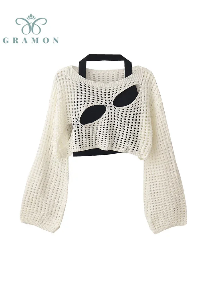 

Autumn Short Hollow Out White Sweater Pullovers Women Korean Vintage Fashion Y2k Streetwear Long Sleeve Top Loose Knitwear 2023