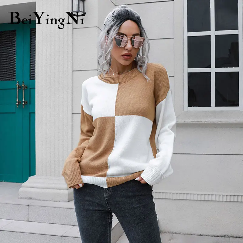 

Beiyingni Women's Sweater O-neck Long Sleeve Spell Color Plaid Loose Casual Ladies Pullover 2022 Autumn Winter Fashion Knit Tops