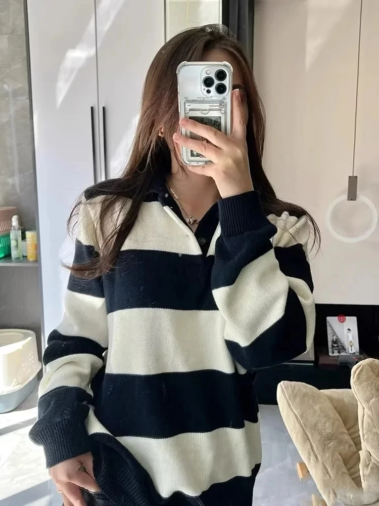 Brandy BM Новый американский поло-воротник в консервативном стиле полосатый свитер