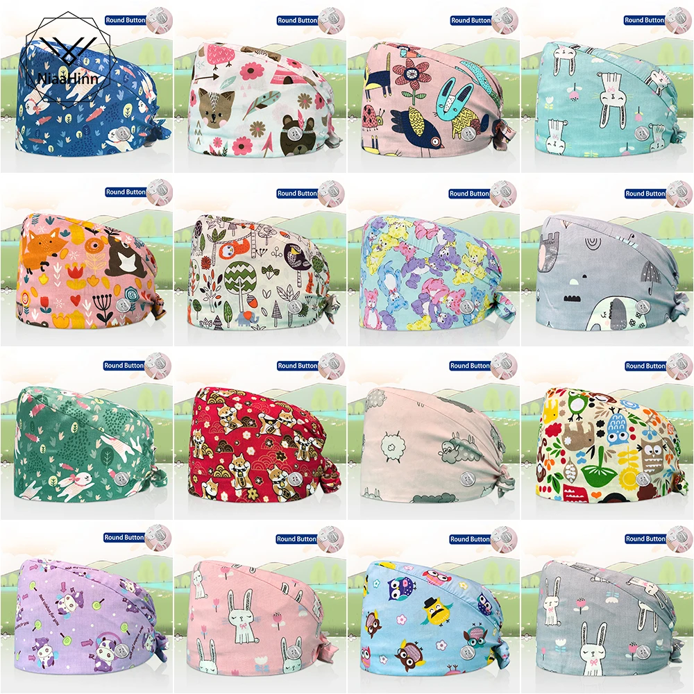 

High Quality Women Surgical Cap Sweat-absorbent Unisex Scrubs Caps Elastic Nurse Accessories Adjustable Cotton Work Medical Hats