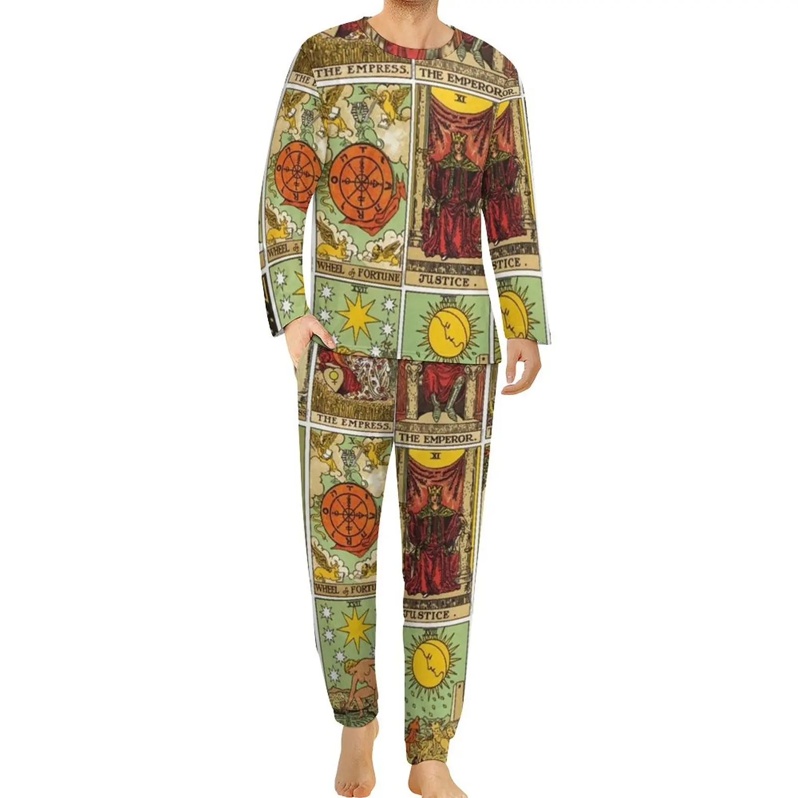 Arcana of Tarot Pajamas Male Vintage Patchwork Trendy Sleepwear Spring Long-Sleeve 2 Pieces Casual Printed Pajamas Set Big Size