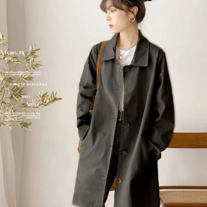 Студенческий тренчкот Женская свободная однотонная куртка средней длины с