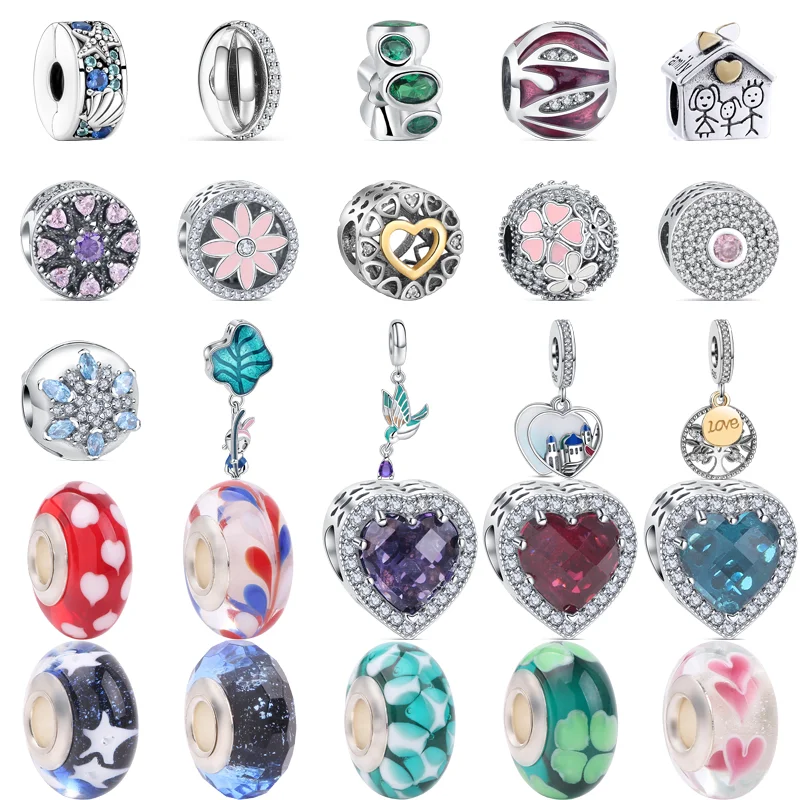 

925 Silver Heart Zircon Murano Glass Lotus Leaf Bird Castle Family Tree Beads Fit Original Pandora Charms Bracelet Women Jewelry