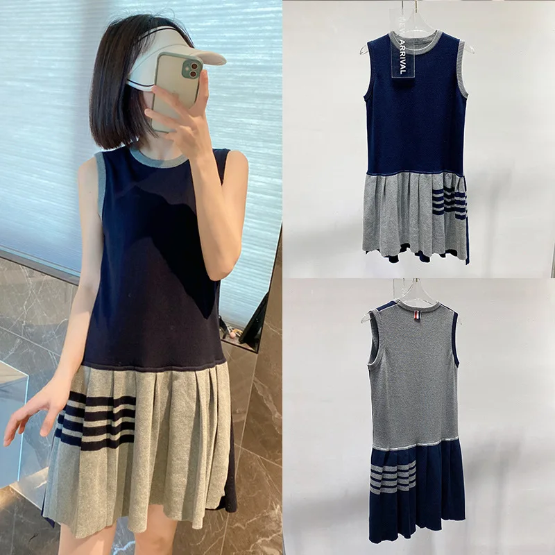 

High Quality Spring/Summer 2023 New TB Academic Style Four Bar Stripe Panel Sleeveless Pleated Skirt Tank Top Dress Women