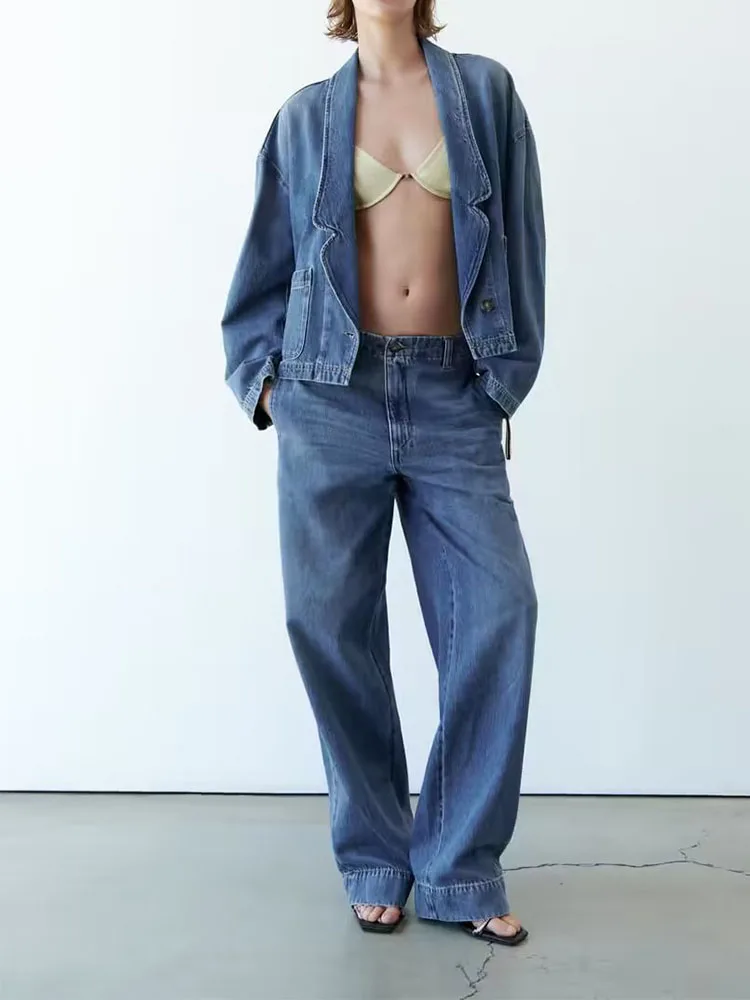 

Женский джинсовый костюм Kumsvag, повседневный однотонный костюм из двух предметов, куртка и джинсы, одежда для улицы, лето 2023