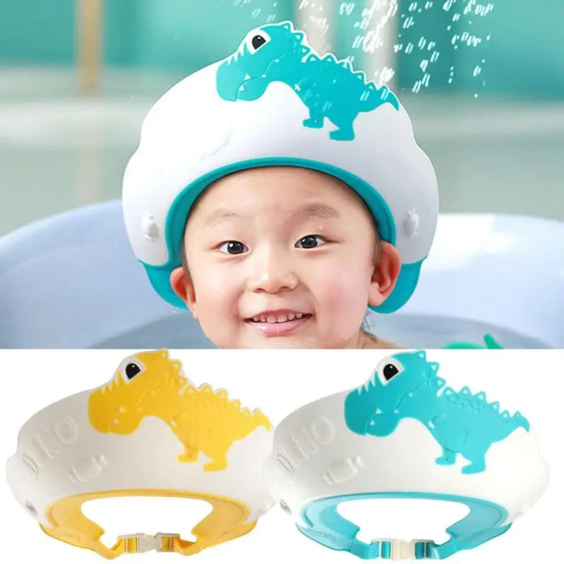 

Kids Shower Caps Cartoon Dinosaur Shape Adjustable Eye Protection Head Water Cover Baby Care Wash Hair Shower Caps