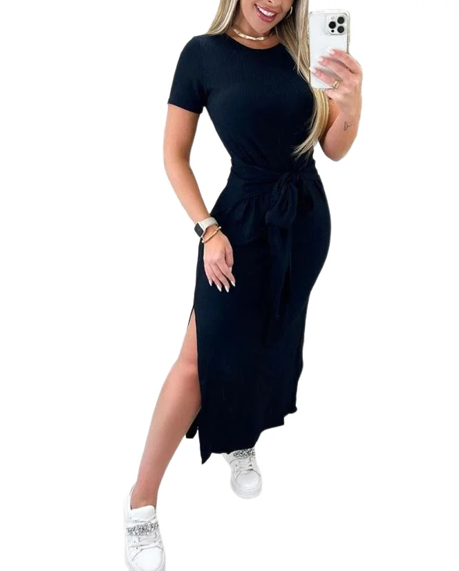 

2023 New Women's Elegant Dress Fashion Sexy Commuter Solid Round Neck Short Sleeve Tied Detail Slit Mini Dress Ottd