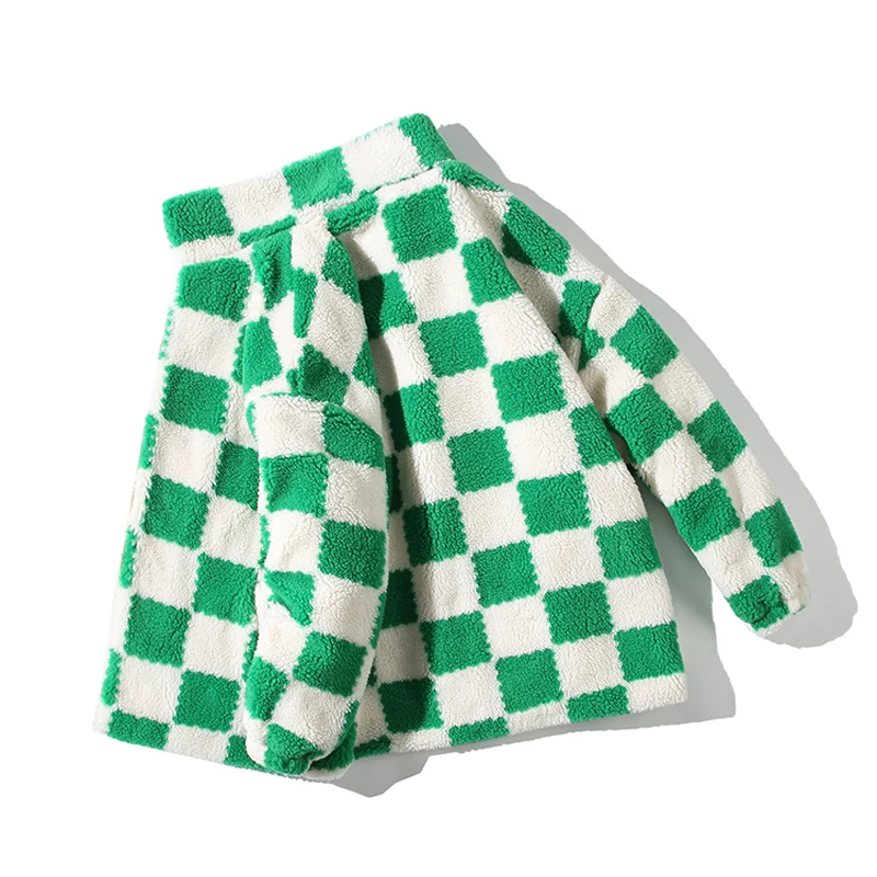 Checkerboard Grid Pattern Fleece Jackets for Men Winter Fashion Trends Padded Clothes Teenage Plus Size Streetwear Casual Coats