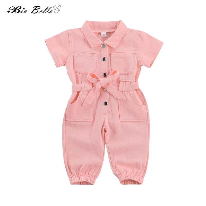 

New Girl’s Casual Short Sleeve Jumpsuit Fashion Solid Color Lapel Pocket Single-breasted Playsuits With Long Pants