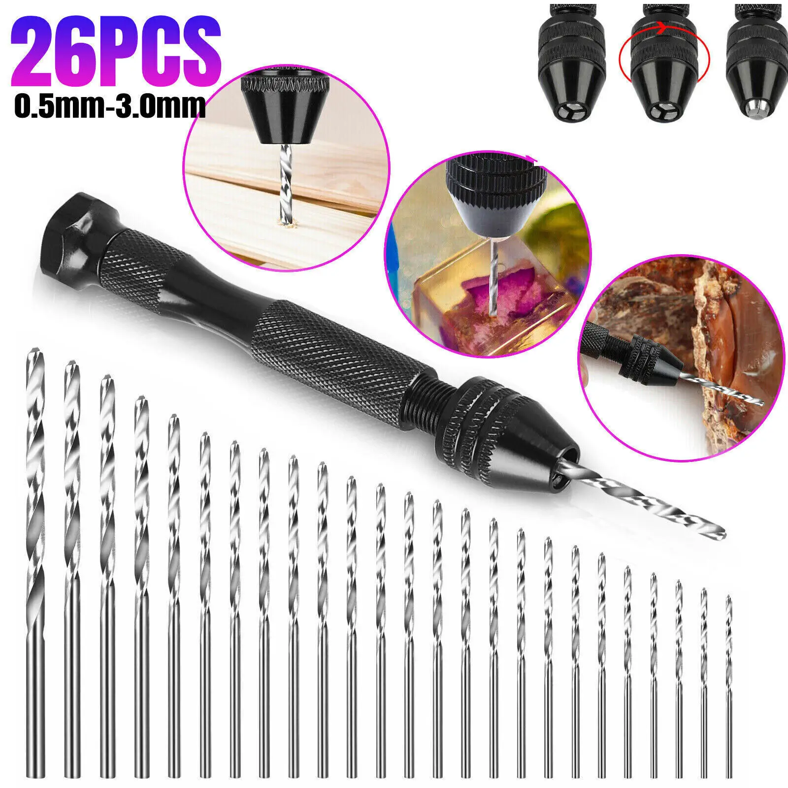 26pcs 0.5-3mm Hand Drill Set Mini Aluminum Hand Drill Bit Jewelry Craft Hand Manual Drill Woodworking Tools Drill Bit Dropship