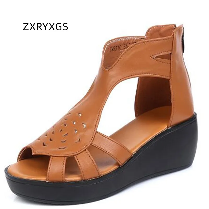 

ZXRYXGS 2023 New Fish Mouth Hollow Genuine Leather Sandals Platform Wedges Sandals Heightening Shoes Summer Women Sandal Shoes