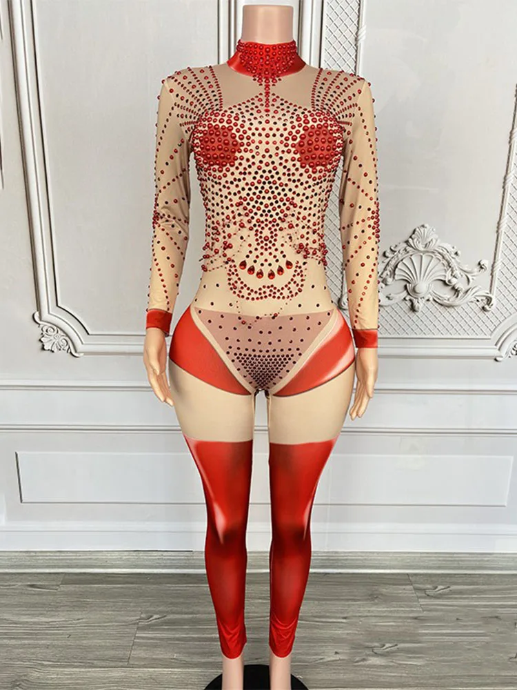 Высококачественный эластичный красный комбинезон со стразами 2024 новая модная