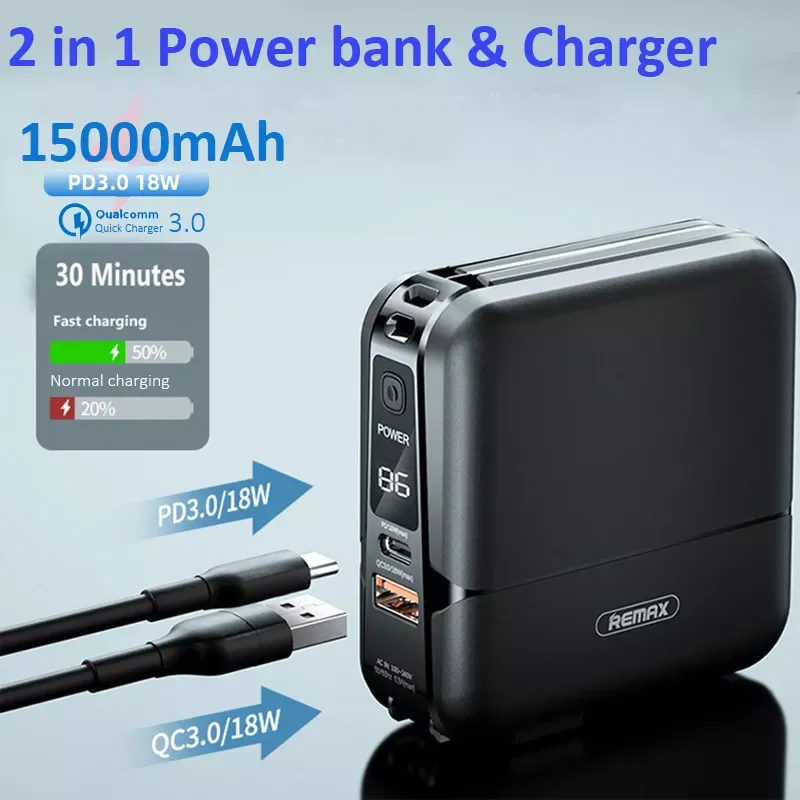 

NEW Remax 18W PD Fast Power Bank 15000mAh QC 3.0 USB Type C Charger Powerbank Portable Foldable Plug Built in 2 Cable For iPhone