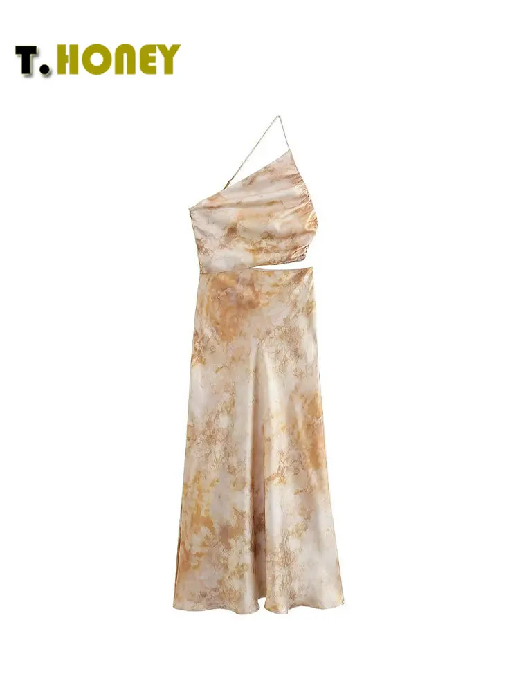 

TELLHONEY женское модное асимметричное плиссированное платье с вырезом, женские повседневные сексуальные платья миди с вырезами и принтом