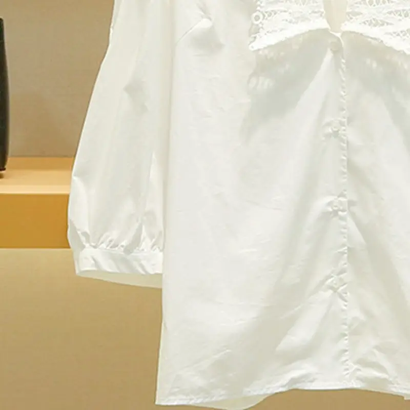 

2023 Spring Summer Women Top Lapel Cardigan Puff Sleeve White Blouse