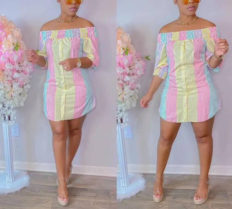 

Women's Shirt Dress Summer 2023 New Colorful Striped Printing Pleated Strapless Button Irregular Hem Dress Casual Female Dress