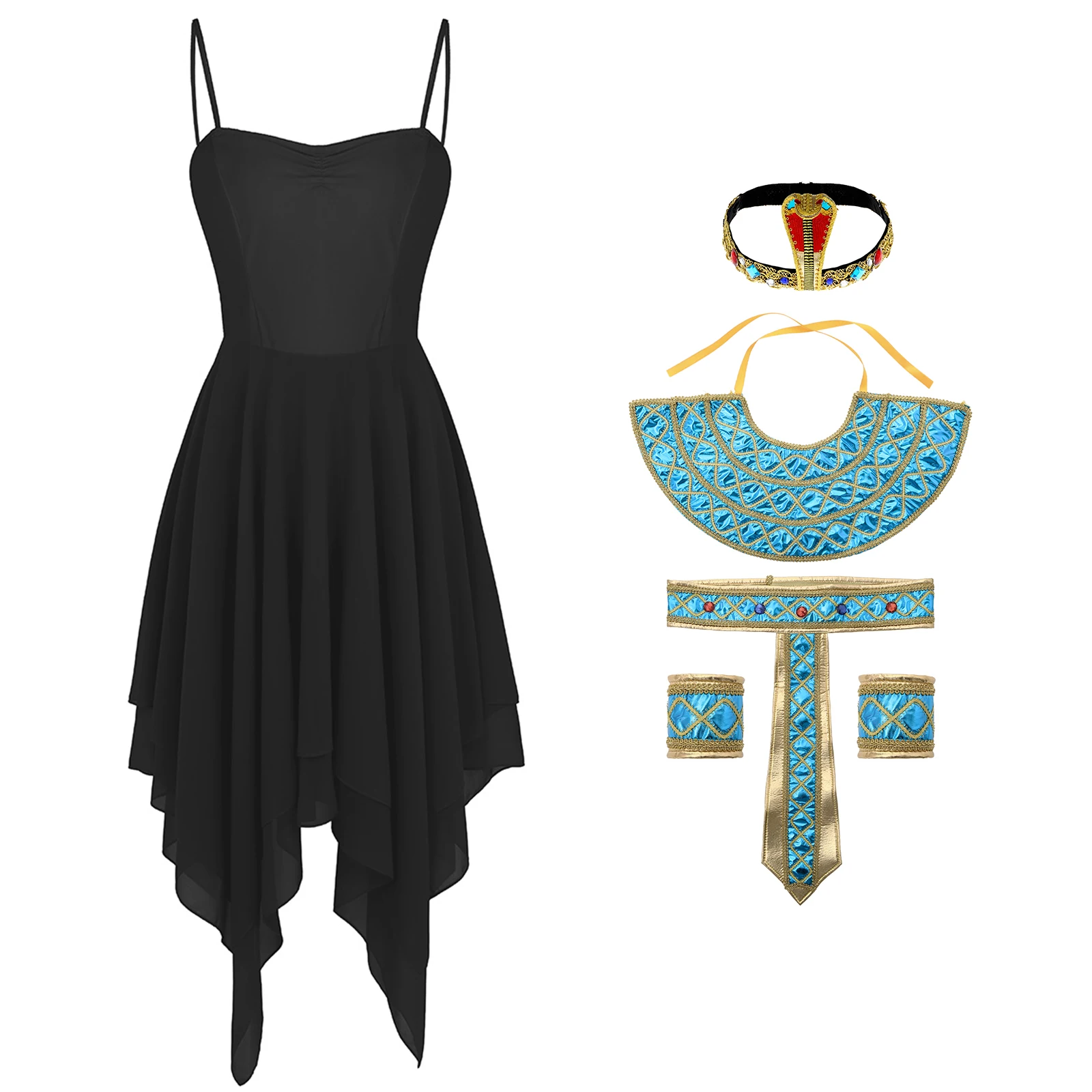 

Halloween Womens Egyptian Cleopatra Cosplay Costume Set Sleeveless Asymmetric Hem Dress with Collar Belt Wristbands Headwear