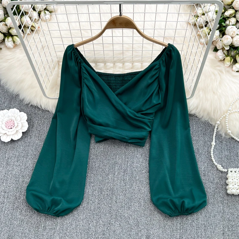 

Spring Summer V-neck Blusas Women Plain Sexy Elastic Long Puff Sleeve Blouses Ladies Chic Short Section Belly Tops