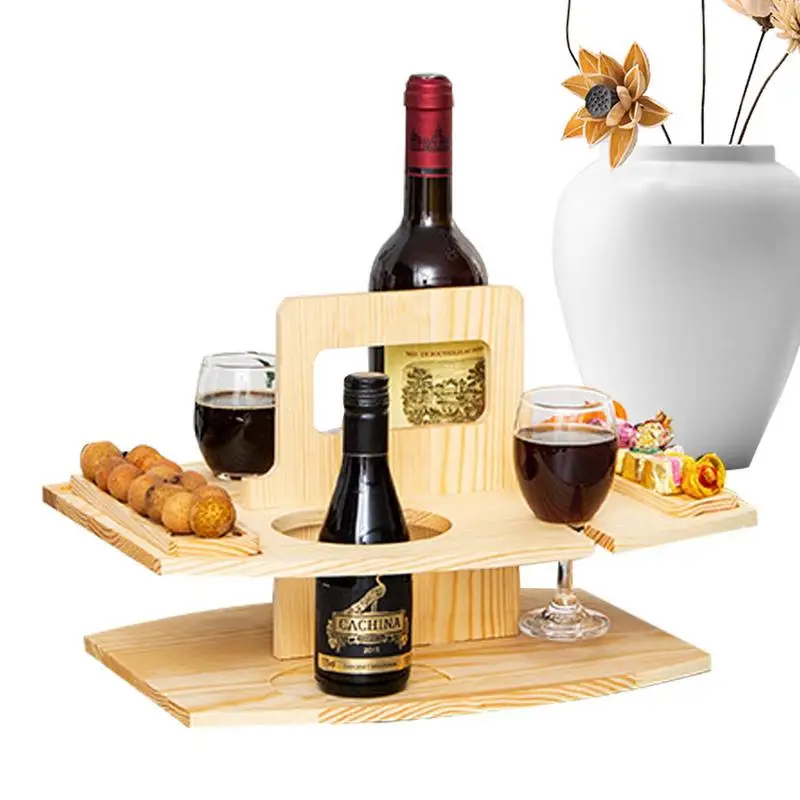 

Picnic Wine Tray Portable Wooden Snack Wine Tray With Glasses Holder Sturdy And Large Capacity Outdoor Snack Wine Tray For