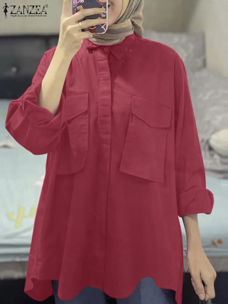 

ZANZEA Vintage Muslim Tops Stylish Loose Blouse Elegant Casual Chemise Solid Color Long Sleeve Lapel Shirt Dubai Turkey Blusas