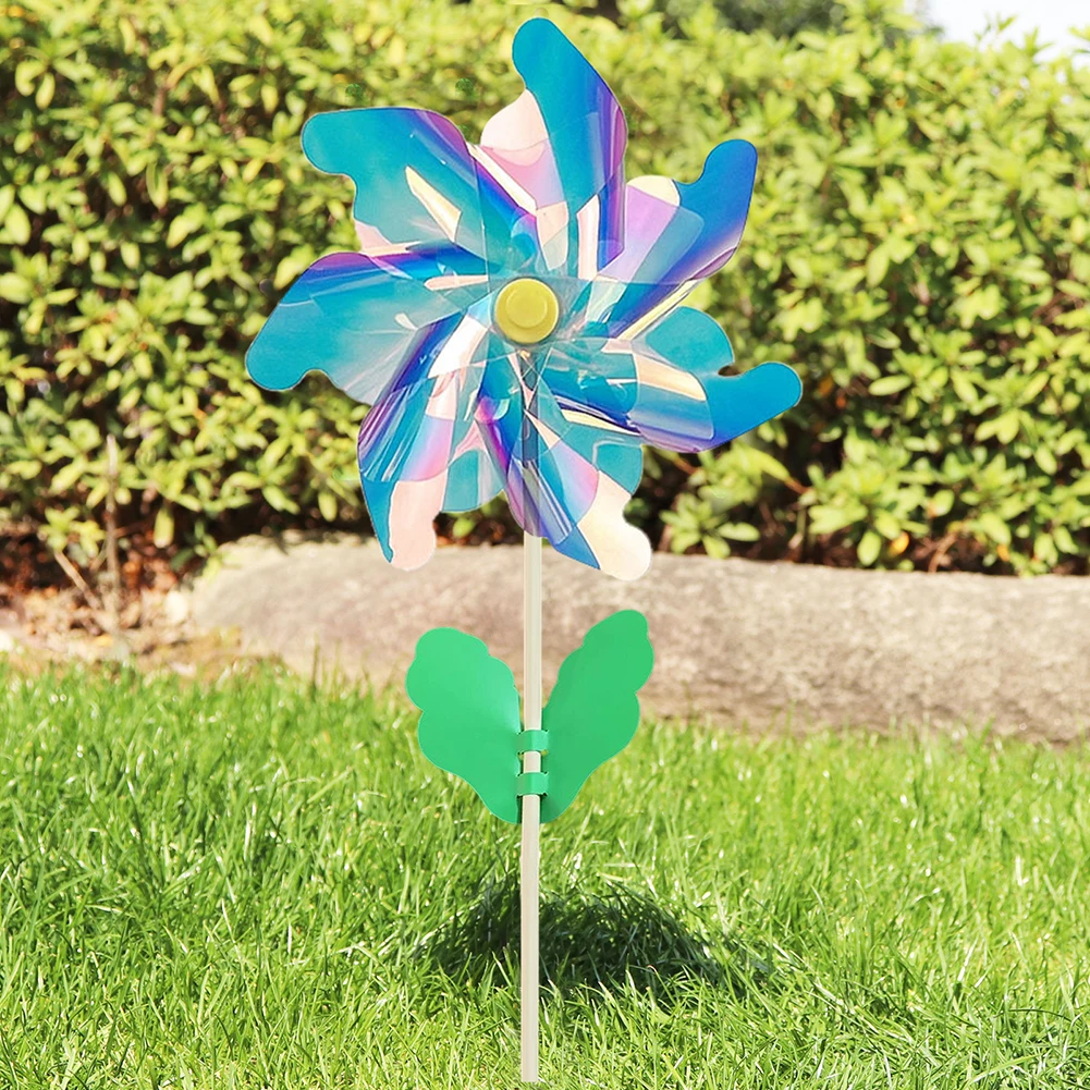 

Wind Spinner Rotating Bird Repellent Gift Wooden Stick Plastic Colorful Lawn Easy Install Garden Windmill DIY Party Decoration