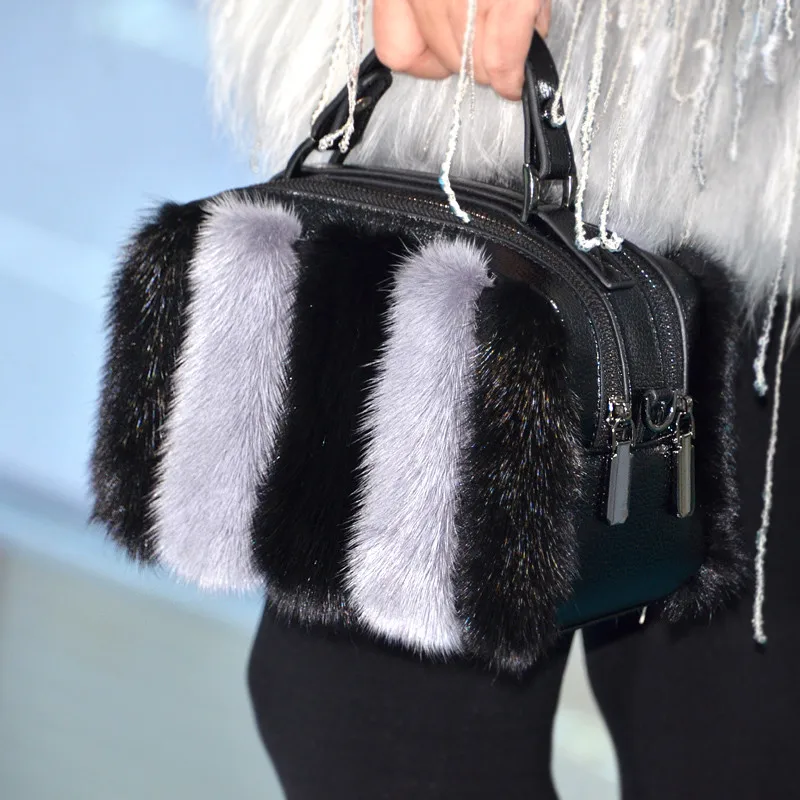 Fashion High-end New Women's Bag High-end Mink Fur Bag Literary Shoulder Bag Messenger Bag Trend Double Zipper Square Casual Bag